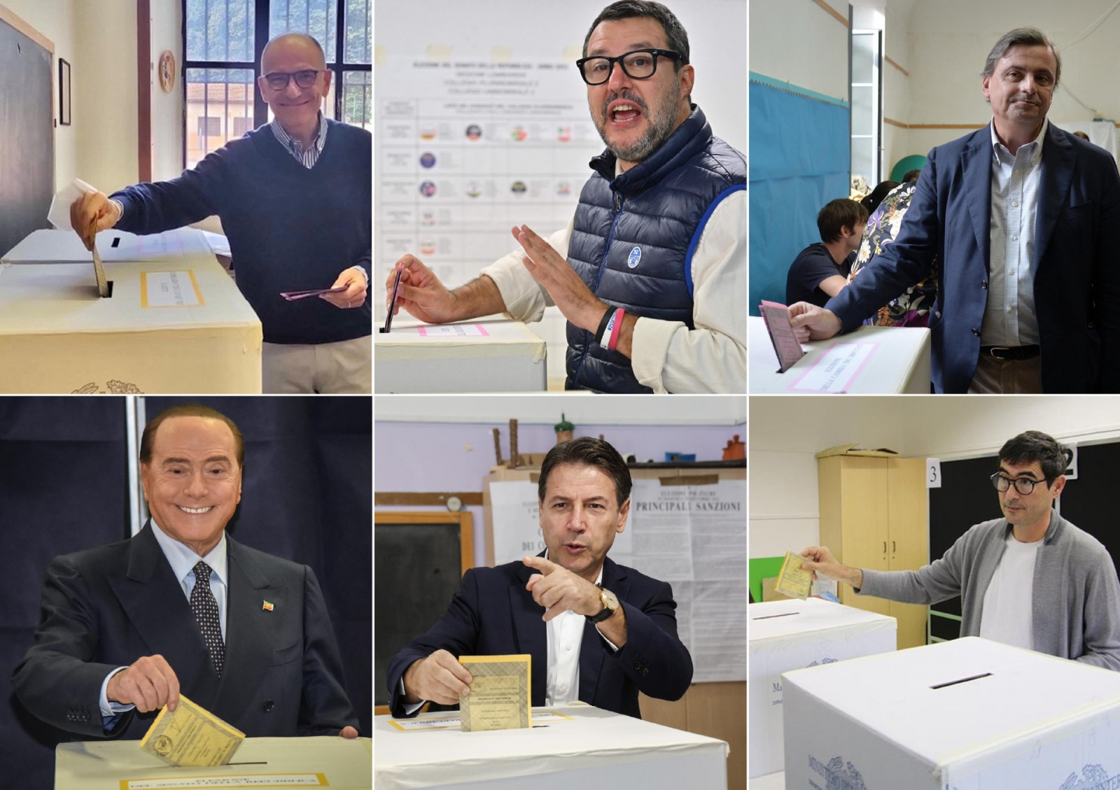 (alto da S) Il Segretario del Partito Democratico, Enrico Letta, il leader della Lega, Matteo Salvini, il leader di Azione, Carlo Calenda, (basso da S) il Presidente di Forza Italia, Silvio Berlusconi, il leader del M5s, Giuseppe Conte, il segretario nazi