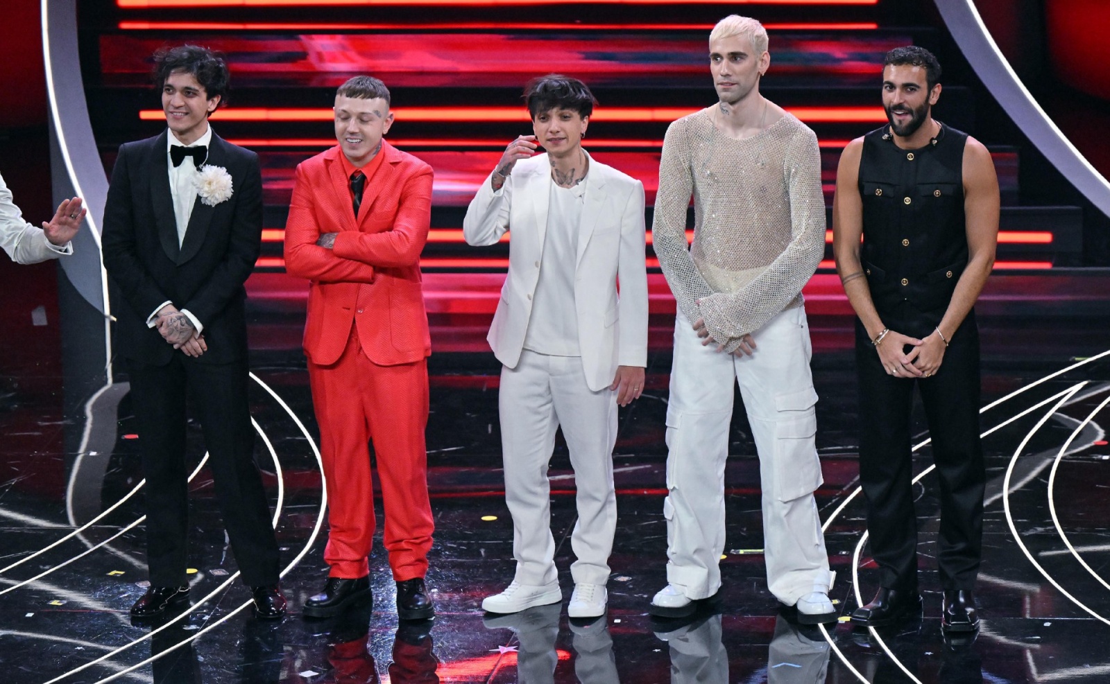 The five finalists on stage at the Ariston theatre during the 73rd Sanremo Italian Song Festival, in Sanremo, Italy, 11 February 2023. The music festival will run from 07 to 11 February 2023. ANSA/ETTORE FERRARI