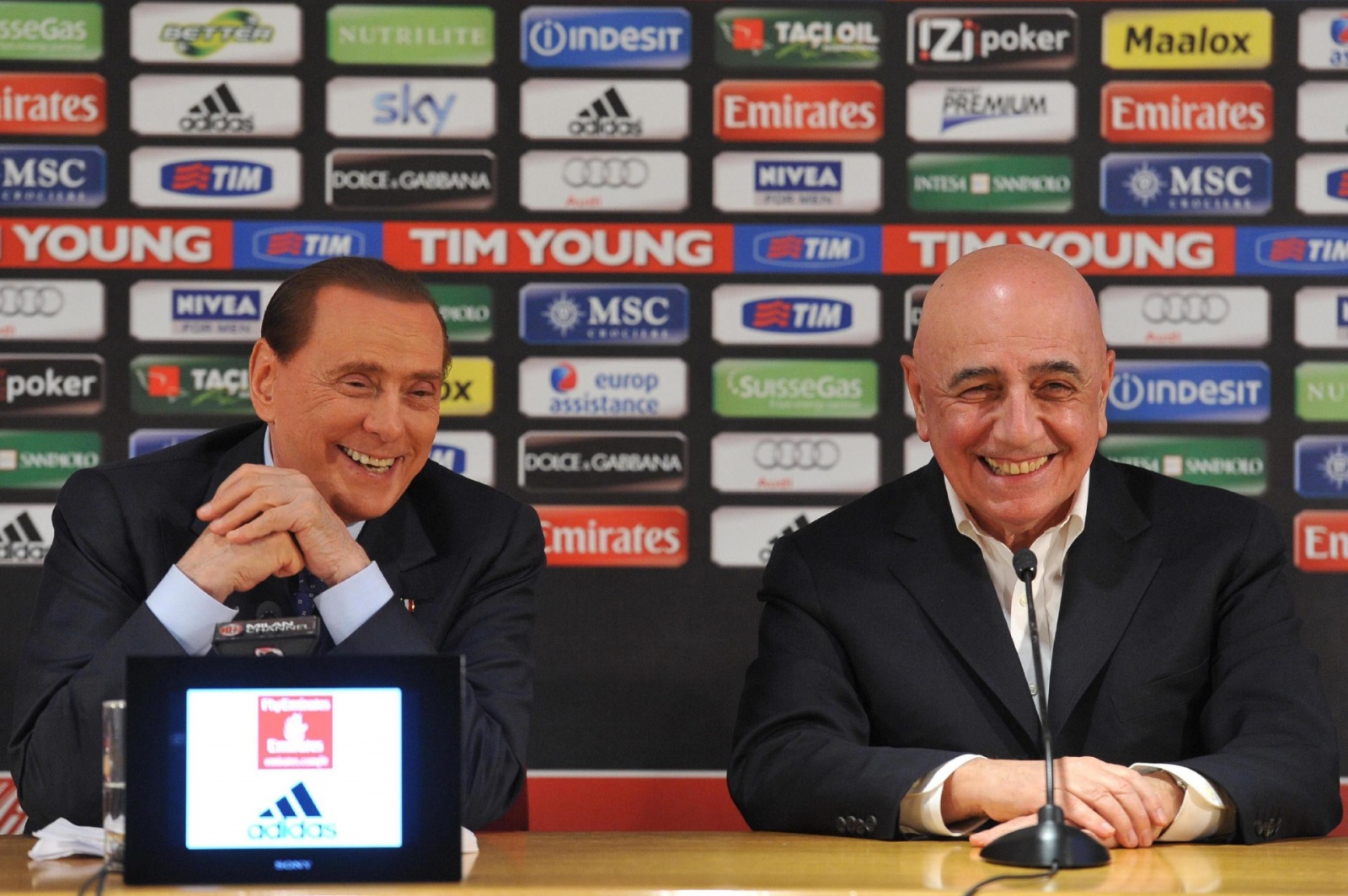 AC Milan President Silvio Berlusconi (L) with Ceo Adriano Galliani during the press conference at the Milanello sportive center in Carnago, Italy, 23 February 2013. ANSA/LIVIO ANTICOLI