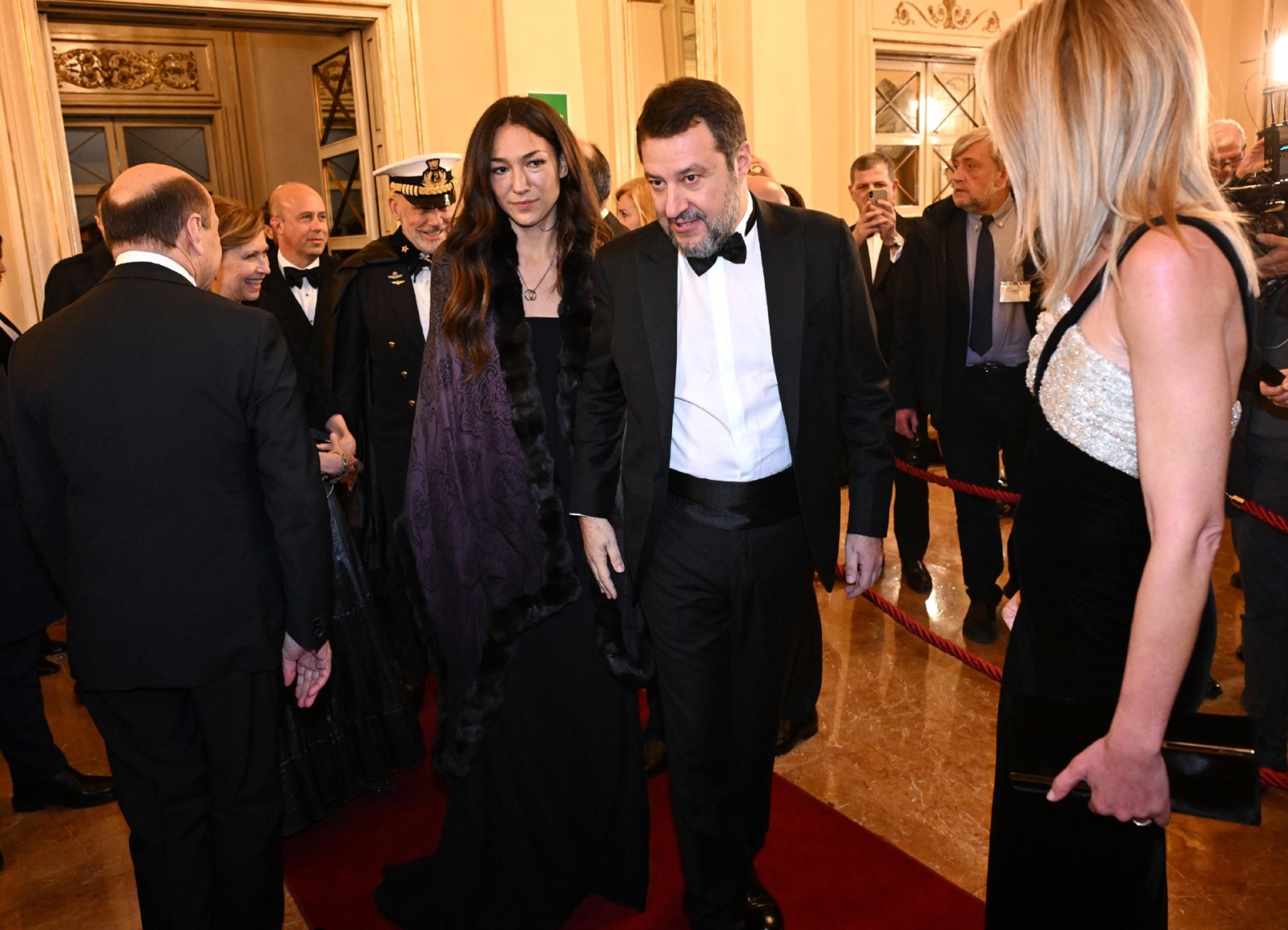 Italian deputy Prime Minister and Minister of Infrastructure and Transport, Matteo Salvini (C), arrives for the La Scala opera house's season opener to attend Giuseppe Verdi's Don Carlo, in Milan, Italy, 7 December 2023. The Scala opera house season opene