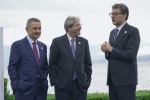 Paolo Gentiloni, Commissario europeo per gli affari economici e monetari, al G7 Economia e Finanze, hand shake e foto family con il ministro dell'Economia e Finanze italiano, Giancarlo Giorgetti, e il Governatore della Banca d’Italia Fabio Panetta, a Stre