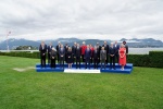 G7 Economia e Finanze, hand shake e foto family con il ministro dell'Economia e Finanze italiano, Giancarlo Giorgetti, e il Governatore della Banca d’Italia Fabio Panetta, a Stresa (Vb), 24 maggio 2024 ANSA/JESSICA PASQUALON