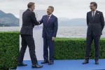 Christian Lindner, Ministro Economia e Finanze Germania, al G7 Economia e Finanze, hand shake e foto family con il ministro dell'Economia e Finanze italiano, Giancarlo Giorgetti, e il Governatore della Banca d’Italia Fabio Panetta, a Stresa (Vb), 24 maggi