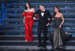 (L-R) Italian Tv presenters Mariasole Pollio, Gabriele Corsi and Bianca Guaccero on stage at the Ariston theatre during the 75th edition of the Sanremo Italian Song Festival, in Sanremo, Italy, 15 February 2025. The music festival will run from 11 to 15 F
