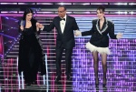 (L-R) Italian singers Laura Pausini, Sanremo Festival host and artistic director Carlo Conti and Italian actor Pilar Fogliati on stage at the Ariston theatre during the 76th edition of the Sanremo Italian Song Festival, in Sanremo, Italy, 25 February 2026