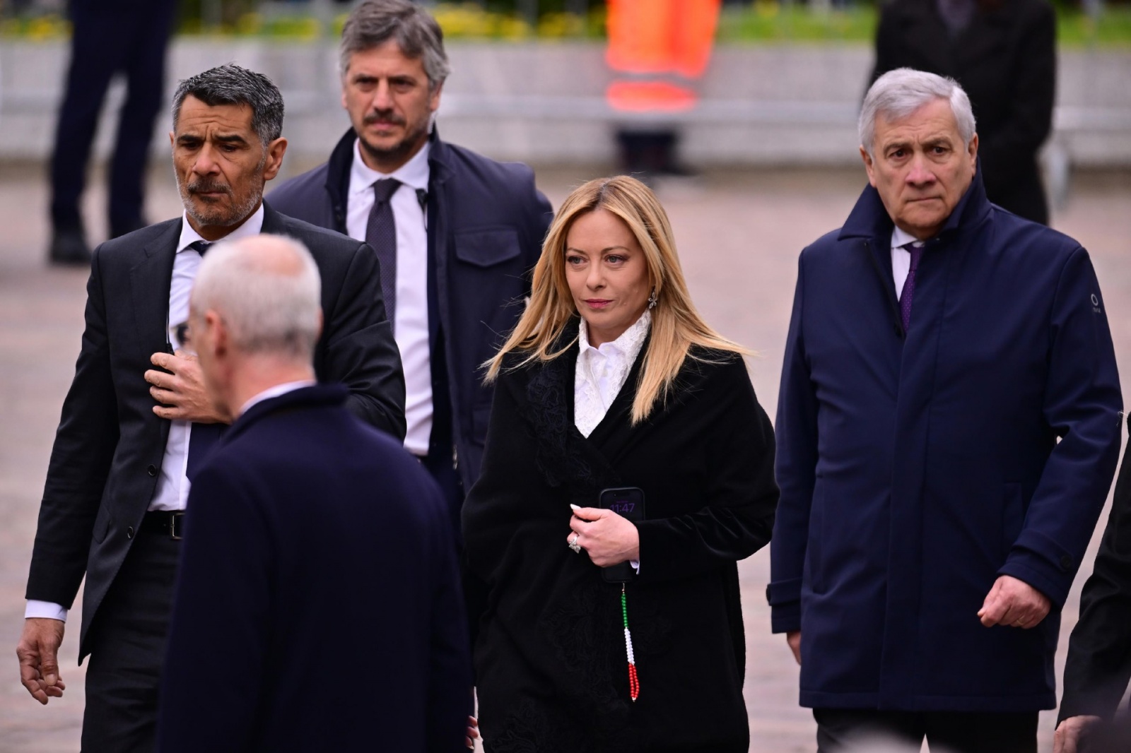 Italian Prime Minister Giorgia Meloni (C) and Italian Deputy Prime Minister and Foreign Minister Antonio Tajani attend the funeral of the Lega Nord party founder Umberto Bossi, in Pontida, Italy, 22 March 2026. The Lega Nord founder died on 19 March 2026,
