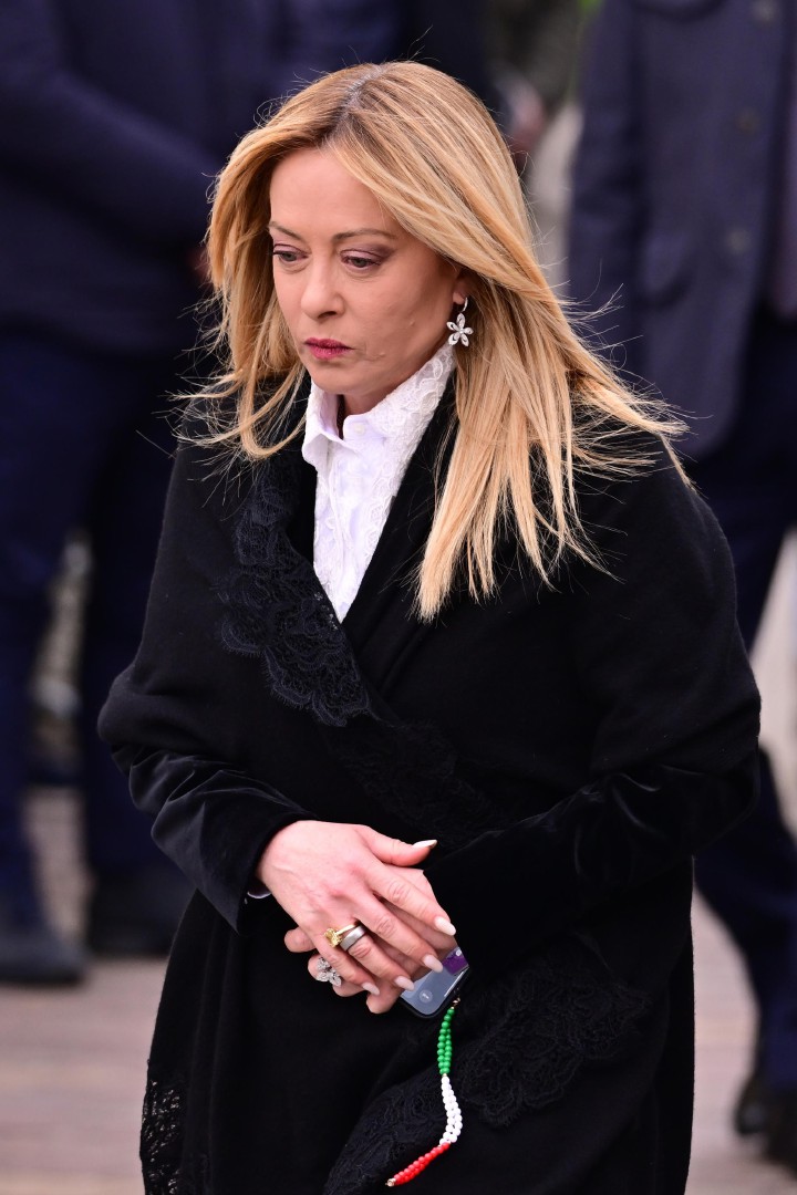 Italian Prime Minister Giorgia Meloni attends the funeral of the Lega Nord party founder Umberto Bossi, in Pontida, Italy, 22 March 2026. The Lega Nord founder died on 19 March 2026, aged 84. ANSA/MICHELE MARAVIGLIA