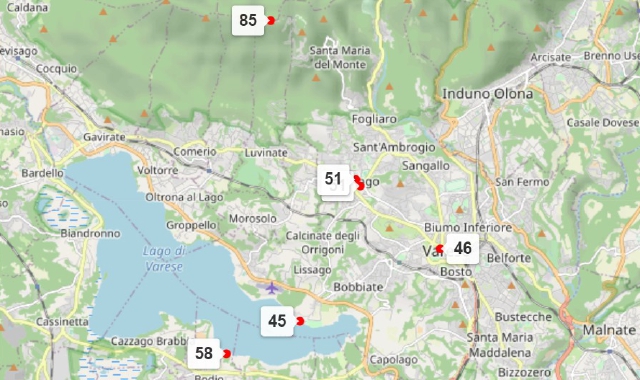 La mappa della potenza del vento oggi a Varese