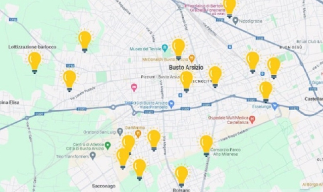 Le lampadine sulla mappa segnalano le strade dove A2A ha annunciato interventi