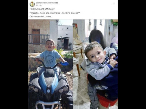 Ritrovato il bambino scomparso a Locorotondo, sta bene