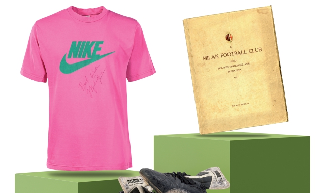 La T-Shirt Nike con firma autografa di Michael Jordan (base 2.500-3.500 euro); «Il Milan Football Club visto durante venticinque anni di sua vita» di Baruffini Ulisse (base 1.000-1.500 euro) e le scarpe Puma personalizzate Diego Maradona (base 7.500-10.00