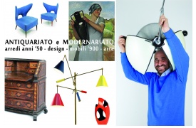 Herat De Nicola, titolare di Modernariato De Nicola, con un lampadario vintage anni '70, accanto a un collage di arredi e oggetti che raccontano l'eclettismo della sua galleria