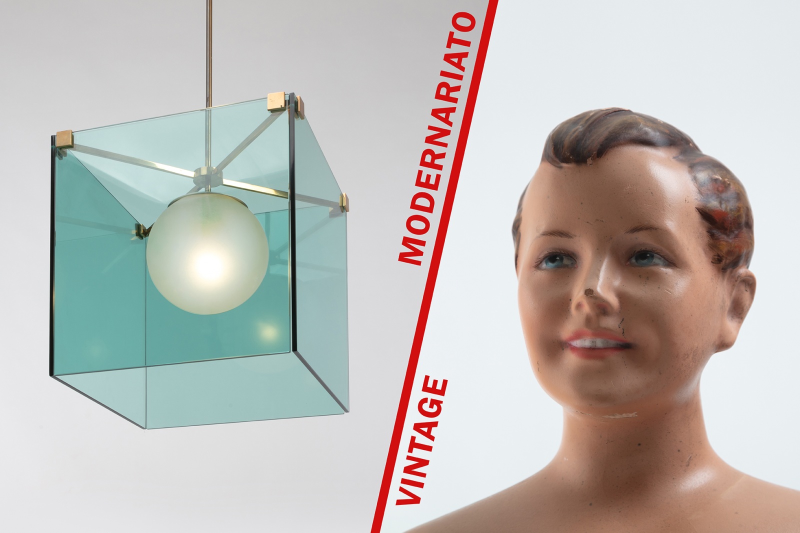 Lampadario di modernariato di Max Ingrand per Fontana Arte, affiancato da un manichino vintage anni '40: un dialogo tra design e storia.