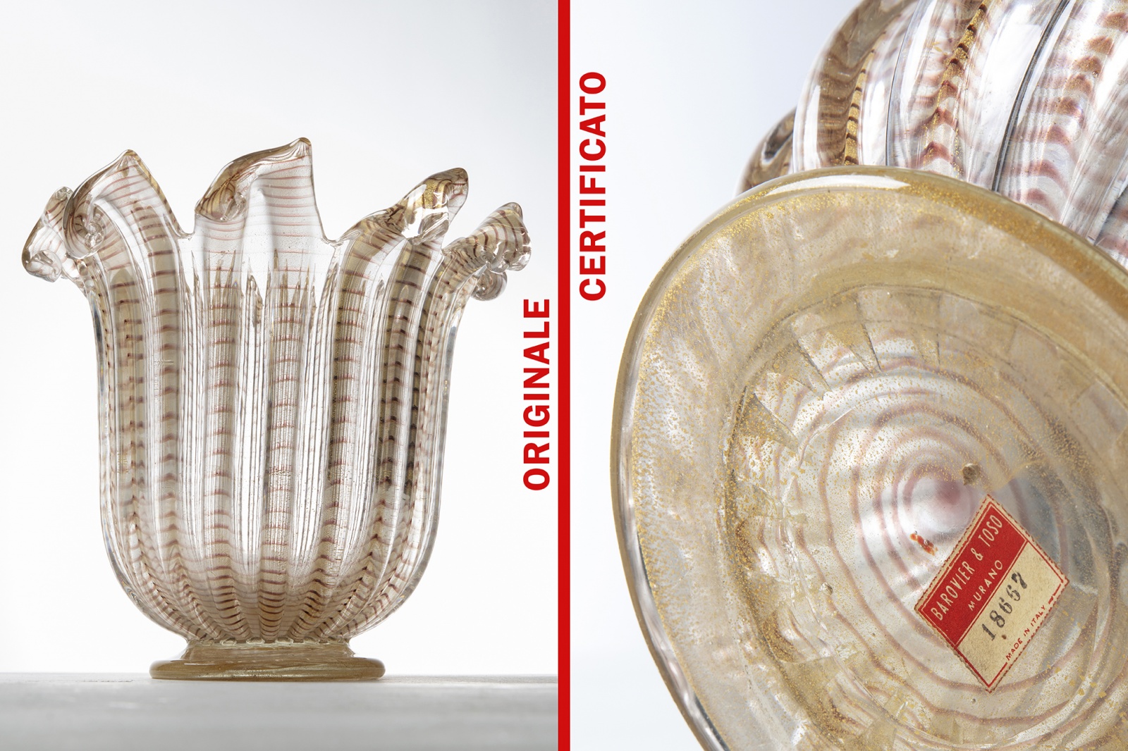 Vaso di Murano vintage con decorazione zebrata in bianco e nero, accompagnato dall'etichetta originale Barovier & Toso, simbolo autentico del design italiano