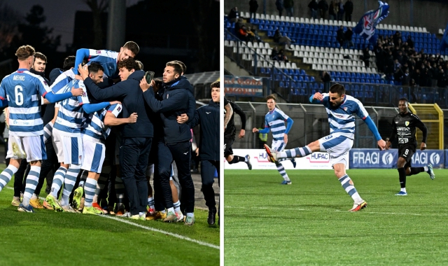 I festeggiamenti della Pro Patria dopo il gol di Rocco (foto Domenico ghiotto, Blitz)
