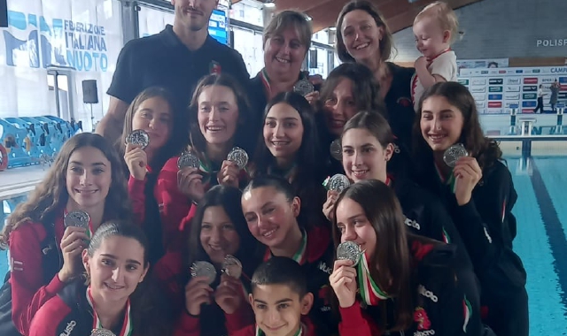 La squadra della Busto Nuoto che si è accaparrata il secondo posto ai “Campionati assoluti invernali di nuoto artistico”