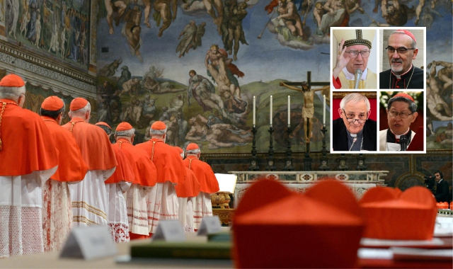 Il Conclave si svolgerà nella Cappella Sistina del Palazzo Apostolico. Nei riquadri, da sinistra in senso orario: Pietro Parolin, Pierbattista Pizzaballa, Matteo Maria Zuppi e Luis Antonio Tagle