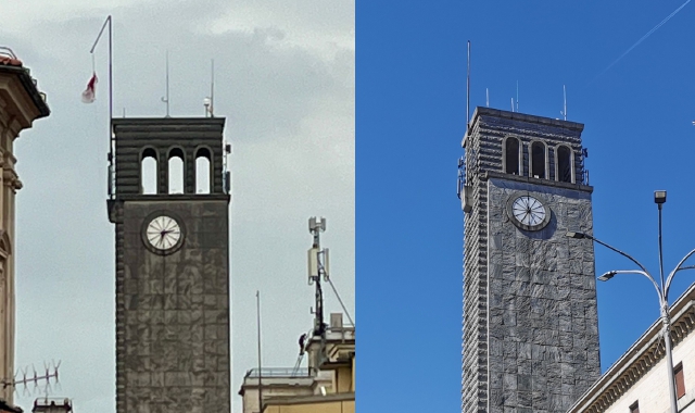 la Torre civica dieci mesi fa, quando si era spezzata l’asta, e adesso