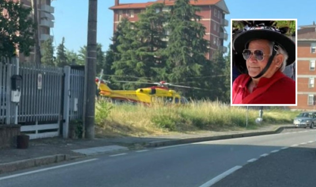 L’elicottero che ha soccorso il 77enne sul luogo dell’incidente. Nel riquadro, Benedetto Rologeri a una manifestazione della fanfara
