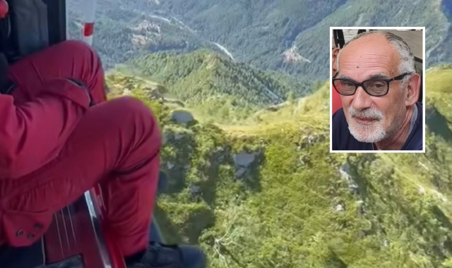 Le ricerche sono state effettuate anche con l’elicottero Drago dei vigili del fuoco. Nel riquadro, Marino Rabolini