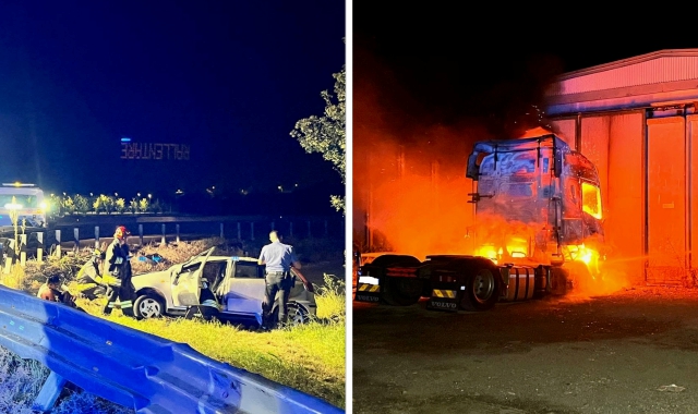 Auto ribaltata e motrice in fiamme