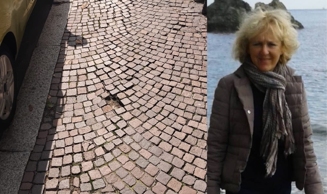 Il marciapiede di via Liberazione. A destra, Carla Torelli