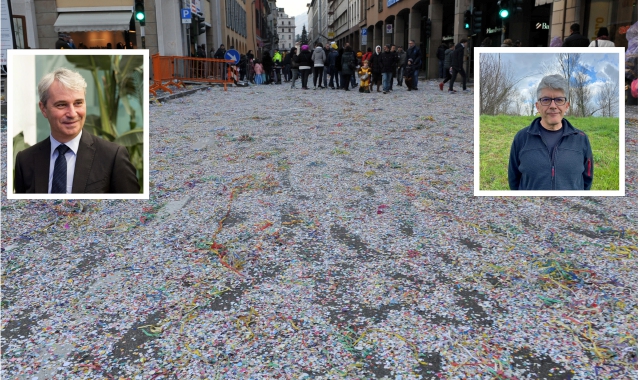 Strade del centro di Varese coperte di coriandoli dopo il carnevale e nei riquadri il sindaco Davide Galimberti e il docente dell’Insubria, Adriano Martinoli