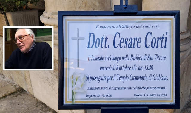 L’annuncio funebre sul sagrato della Basilica di San Vittore e nel riquadro Cesare Corti