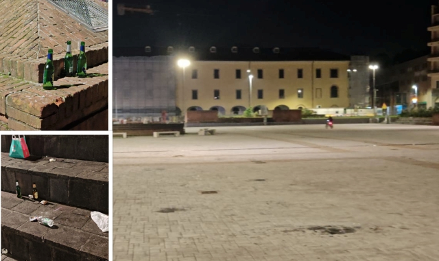 La notte le aiuole e i gradini di piazza Repubblica si trasformano in discarica a cielo aperto. File di bottiglie vuote, cartoni di cibo ma anche fazzoletti sporchi di sangue. E la segnalazione di risse appena avvenute