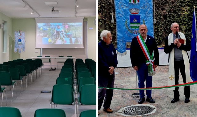 Il momento del taglio del nastro della nuova sala polifunzionale (foto sotto) realizzata all’interno degli ex magazzini nel cortile di Palazzo Gonzaga  