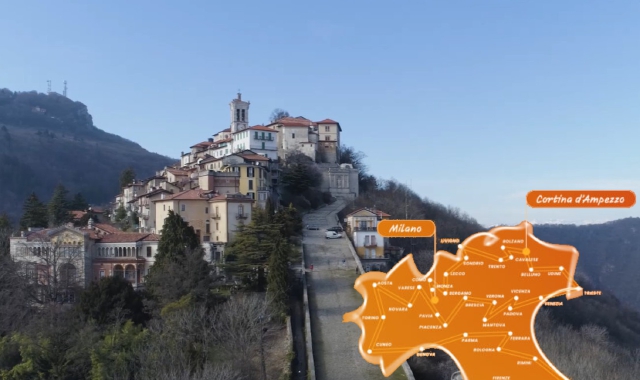 Il Sacro Monte e la mappa delle tappe della Fiamma Olimpica nel Nord Italia