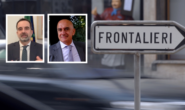 Il cartello dei frontalieri e nei riquadri Alessandro Alfieri (senatore Pd) e Furio Artoni (consigliere comunale Luino)