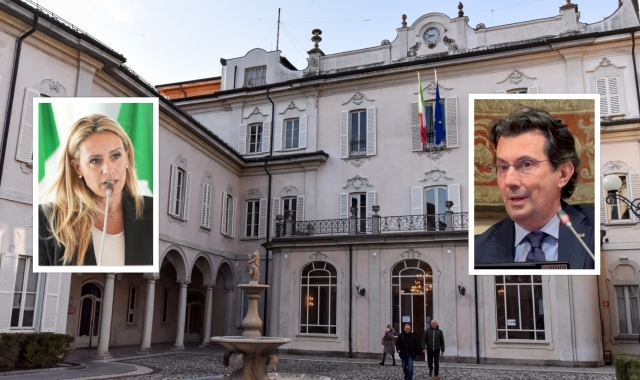 Villa Recalcati, dove si terrà la conferenza, e nei riquadri l’assessore Francesca Caruso e l’onorevole Andrea Mascaretti