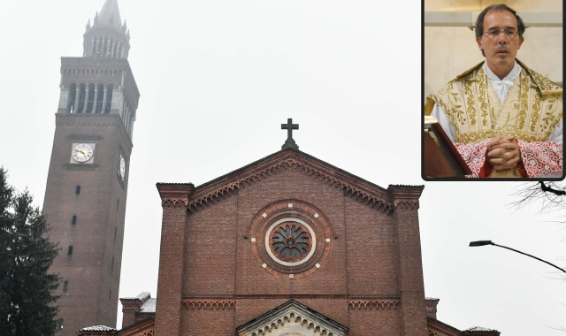 La chiesa di San Giulio a Castellanza. Nel riquadro il parroco don Gianni Giudici (foto Archivio)