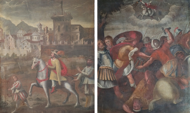 “Sant’Ambrogio che fugge da Milano” e “Sant’Ambrogio che appare nella battaglia di Parabiago”, i due dipinti tornati a Casciago