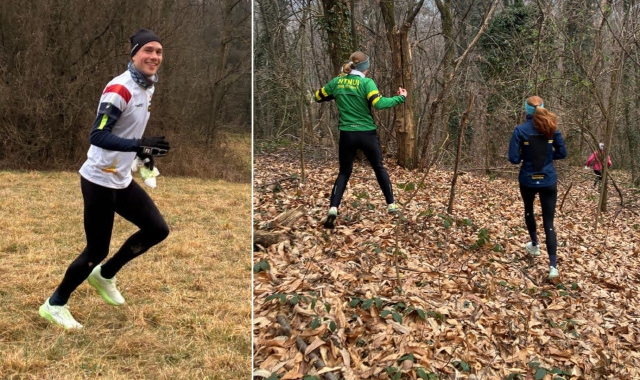Un momento dell’allenamento nei boschi. A sinistra, Kasper Fosser