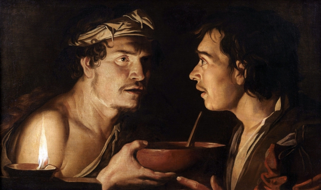 Dall’alto in basso: «Uomo con boccia di vetro a lume di candela» (Bergamo, Accademia Carrara, ©Fondazione Accademia Carrara, Bergamo) «Esaù vende la primogenitura a Giacobbe» e «Negazione di san Pietro» (Brescia, Pinacoteca Tosio Martinengo, in deposito d