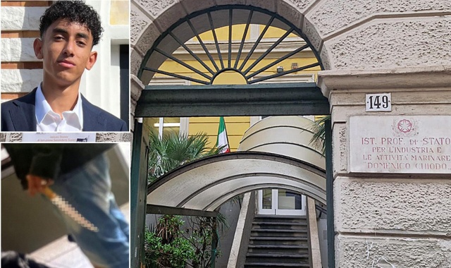 In alto Abanoub Youssef, 19 anni, morto all'Ospedale S. Andrea. In basso, il compagno di scuola fermato con l'accusa di averlo accoltellato all'addome e l'ingresso dell'istituto professionale