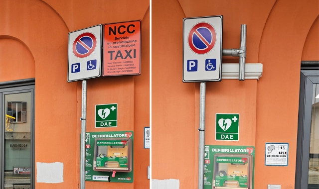 Prima e dopo. Nella foto a destra il cartello è assente: il servizio deve essere riassegnato