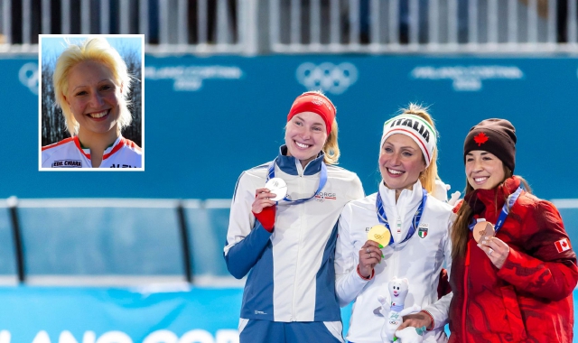 Francesca Lollobrigida sul podio di Milano Cortina e, nel riquadro, ai tempi del tesseramento a Cardano al Campo