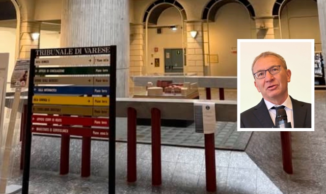 Il Tribunale di Varese deserto venerd’ mattina 13 febbraio e nel riquadro il deputato Andrea Pellicini