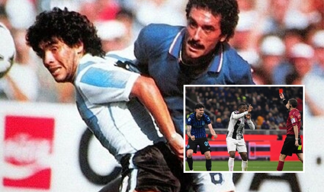 Maradona e Gentile. Nel riquadro, l’espulsione di Kalulu in Inter-Juventus