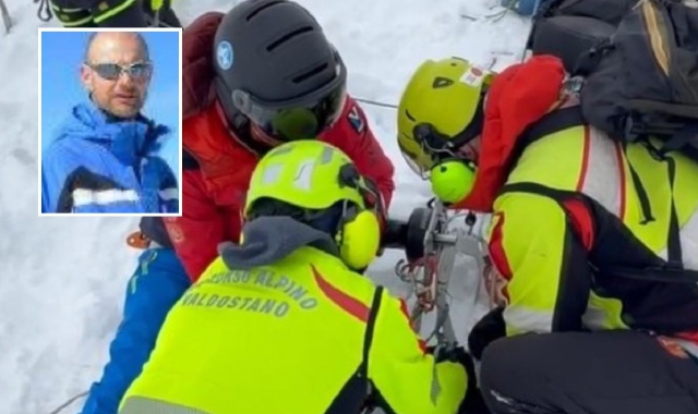 L’operazione in quota del Soccorso alpino valdostano. Nel riquadro, Rodolfo Franguelli