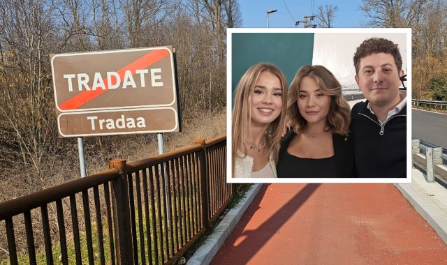 Il cartello con Tradate in dialetto e nel riquadro Silvia Tarantola, Carlotta Bozzolo Romiggioli e Matteo Mauri, responsabili della Lega Giovani 