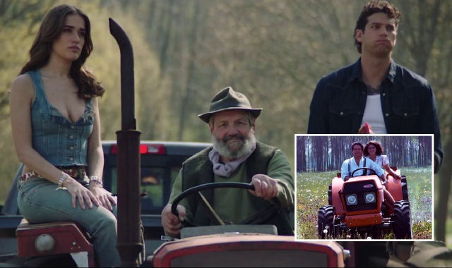 Un frame del videoclip di Primadonna. Nel riquadro, la scena tratta da “Il ragazzo di campagna”
