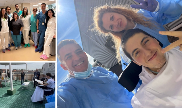 Qui a lato, la consegna del diploma di maturità avvenuto nel Giardino del respiro delle Terapie intensive. A sinistra Santiago con il medico Alessandro Motta e l’infermiera Gabriella Compierchio. Sotto, l’équipe della Terapia Intensiva neurochirurgica e, 