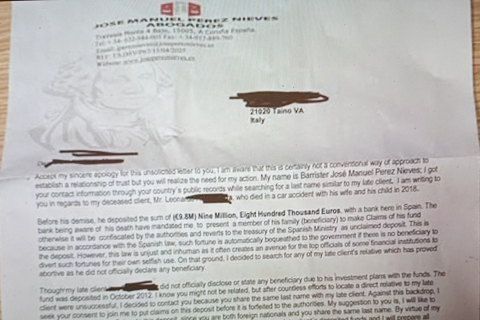 «Può ereditare 9,8 milioni»: la truffa “alla nigeriana” torna per posta
