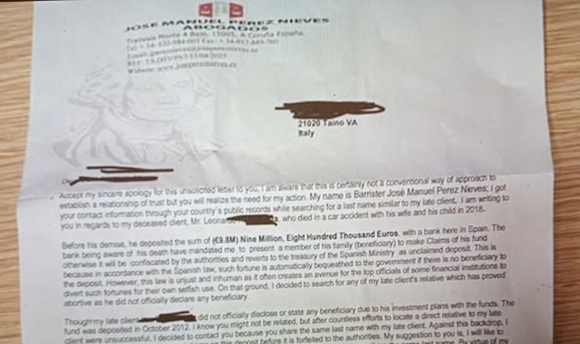 La lettera arrivata a un cittadino di Taino