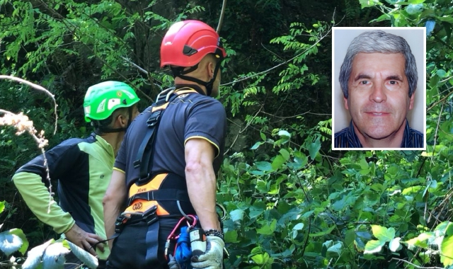 Soccorritori al lavoro sabato mattina nel bosco di Magccagno dove è avvenuto l’incidente costato la vita a Roberto Crosta, 71 anni, residente a Magnago. Il funerale si svolgerà mercoledì  (Redazione)
