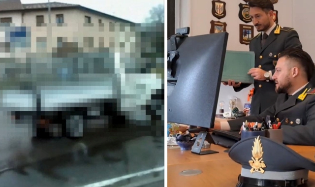 Nella fotoscattata dalla Guardia di Finanzail furgonedell’addettoal verde pubblicoassenteistascoperto dai militari di Luino (sotto)